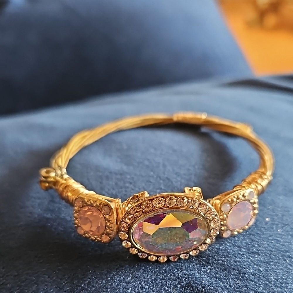 Elegant Gold and Pink Crystal Bangle Wire Wrapped Bracelet